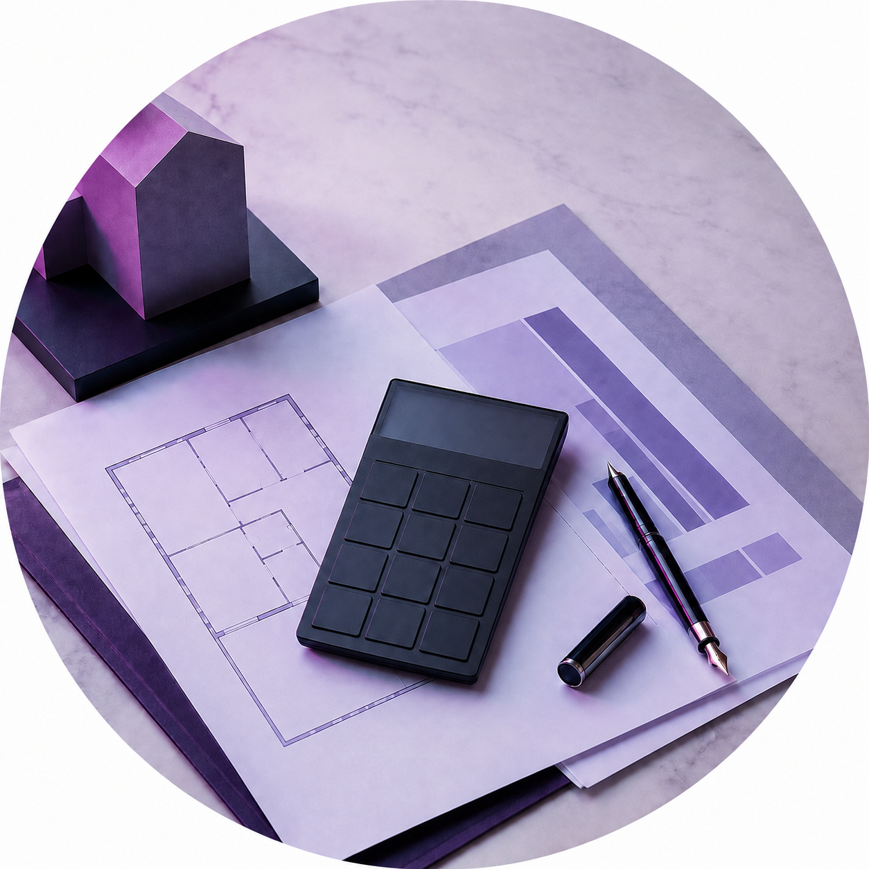 Property plans, calculator and financial documents representing capital gains tax planning
